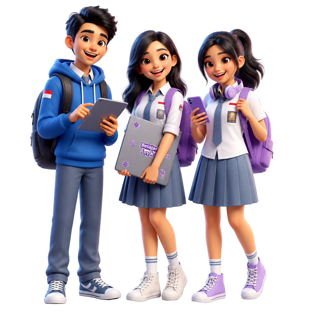 Tiga siswa Indonesia belajar dengan perangkat digital Schoolution